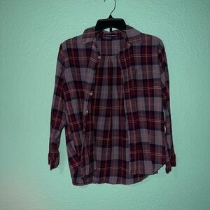 Brandy Melville Burgundy & Gray Plaid Button-Down Flannel